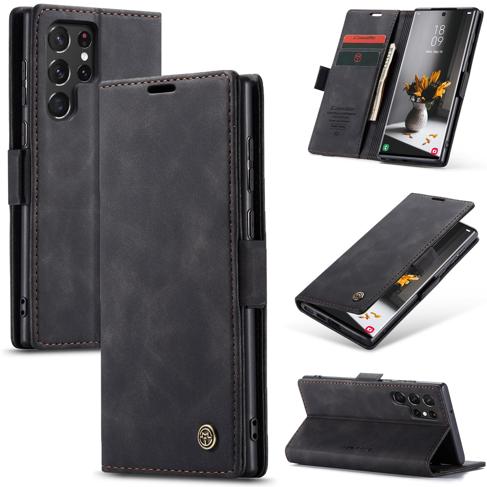 Azororo Cover per Samsung Galaxy S22 Ultra 5G, Premium PU Pelle Custodia, Magnetica Carta Fessura Portafoglio Case, Flip Cavalletto Custodia per Samsung Galaxy S22 Ultra - Nero
