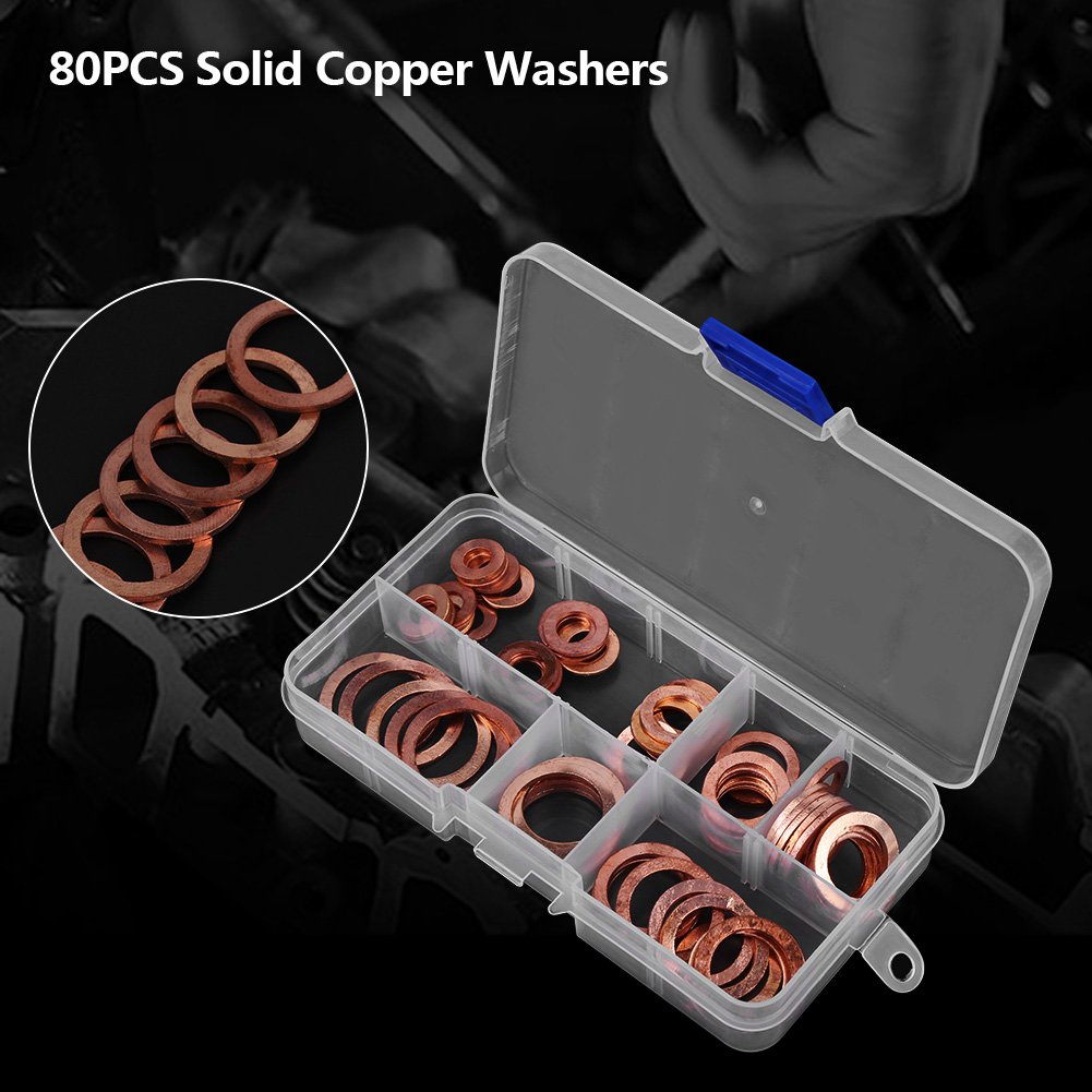 80Pcs Solid Copper Sump Plug Washer Set Assorted Washers Metal Kit Garage Engine Set including Box - Image 4