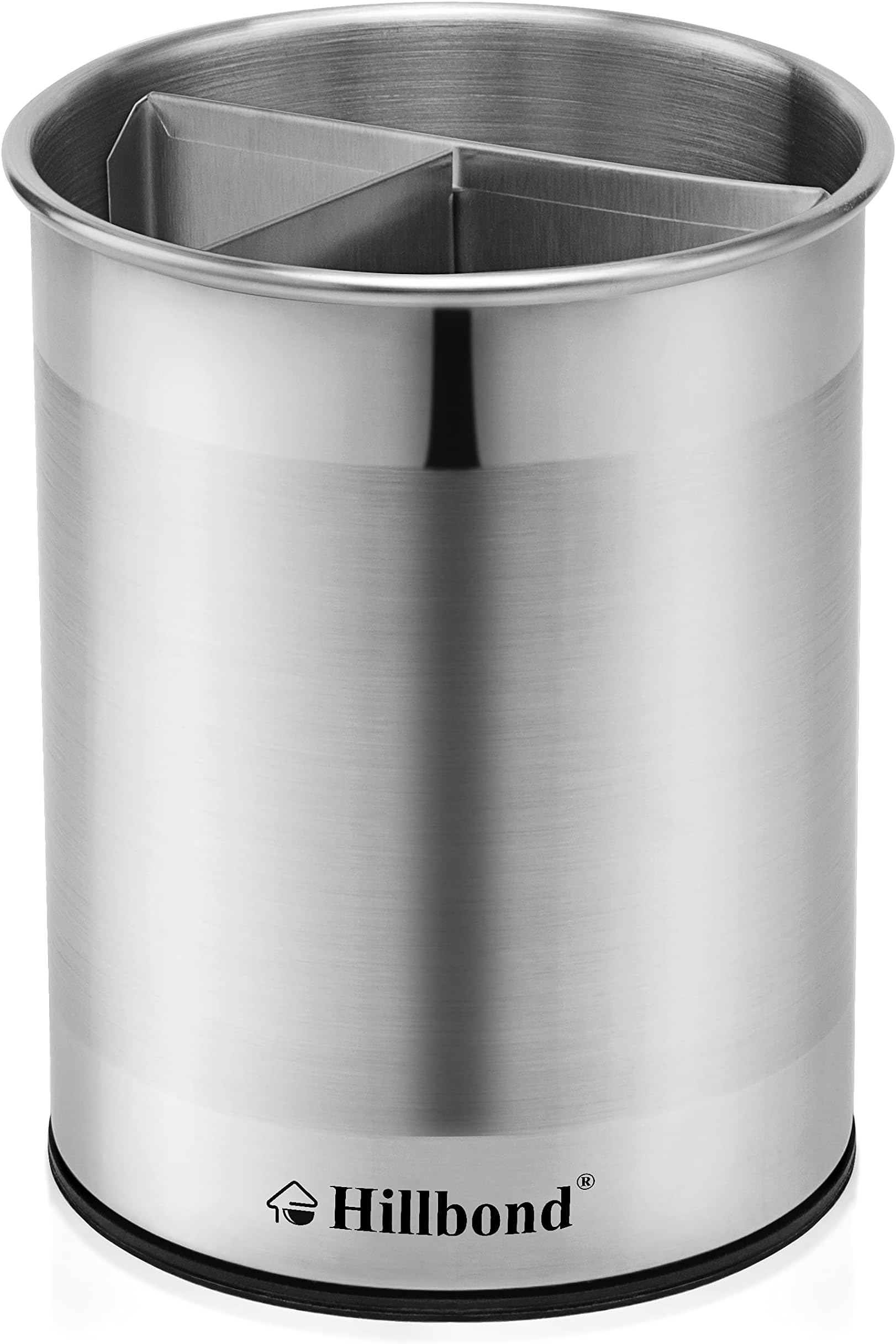 Hillbond Stainless Steel Utensil Holder with Removable Divider for Easy Clean, 360° Rotating Kitchen Utensil Crocks with Weighted Base for No Tipping Over, Utensil Caddy Organizer (LARGE)