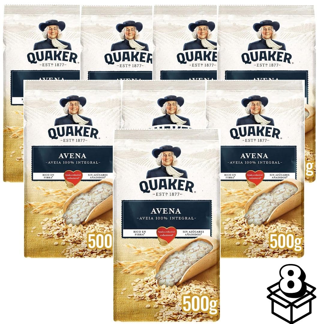 Quaker Hojuelas de Avena 100% Natural 500g x 8 Unidades | Caja Ahorro | Alta en Fibra | Ideal para Desayunos Saludables