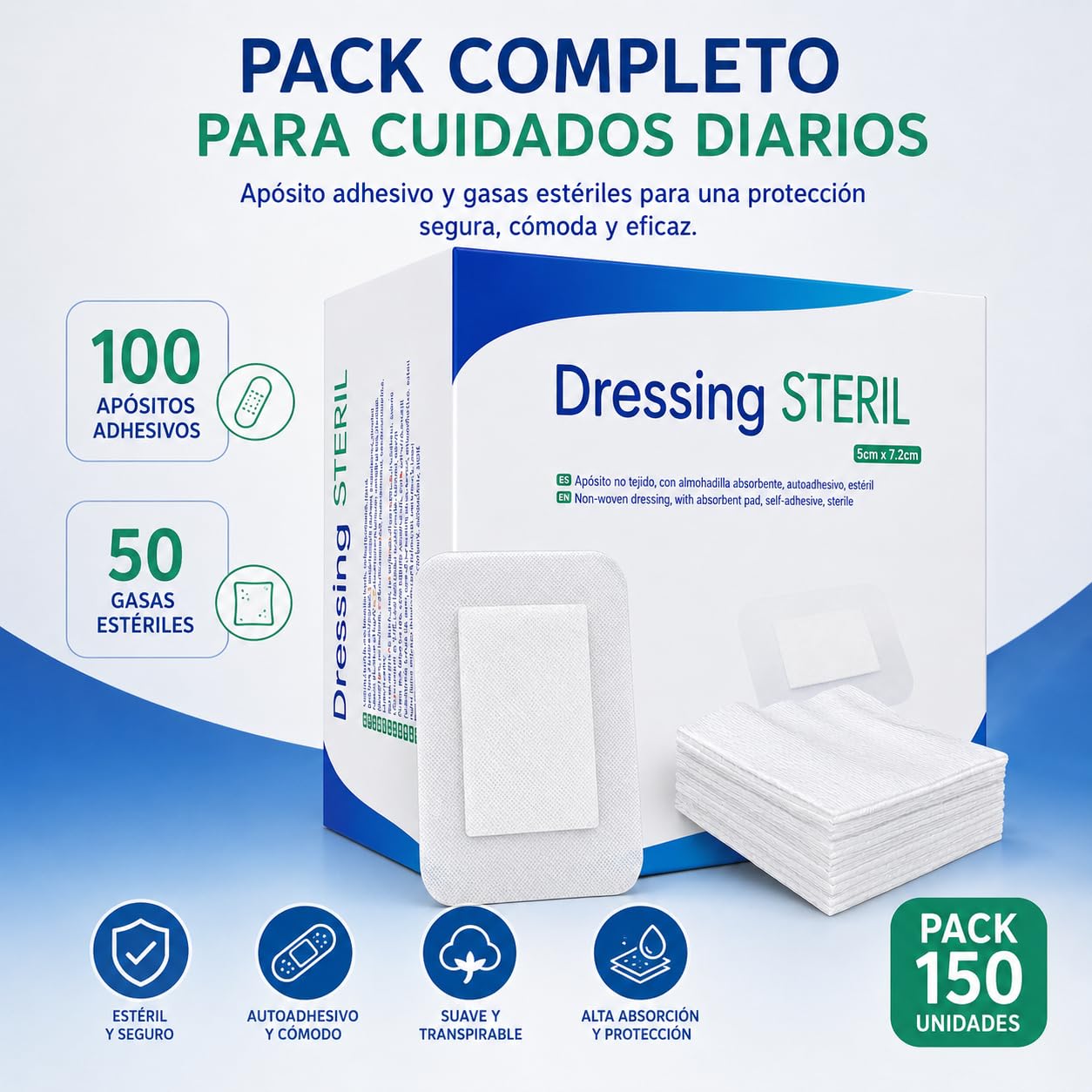 Pack 150 Unidades, 100 Apósitos Adhesivos Estériles Transpirables (5cm x 7,2cm) + 50 Gasas Esteriles de Tejido Sin Tejer (5cm x 5cm) Apositos Adhesivos Parches para Heridas Compresas de Curación