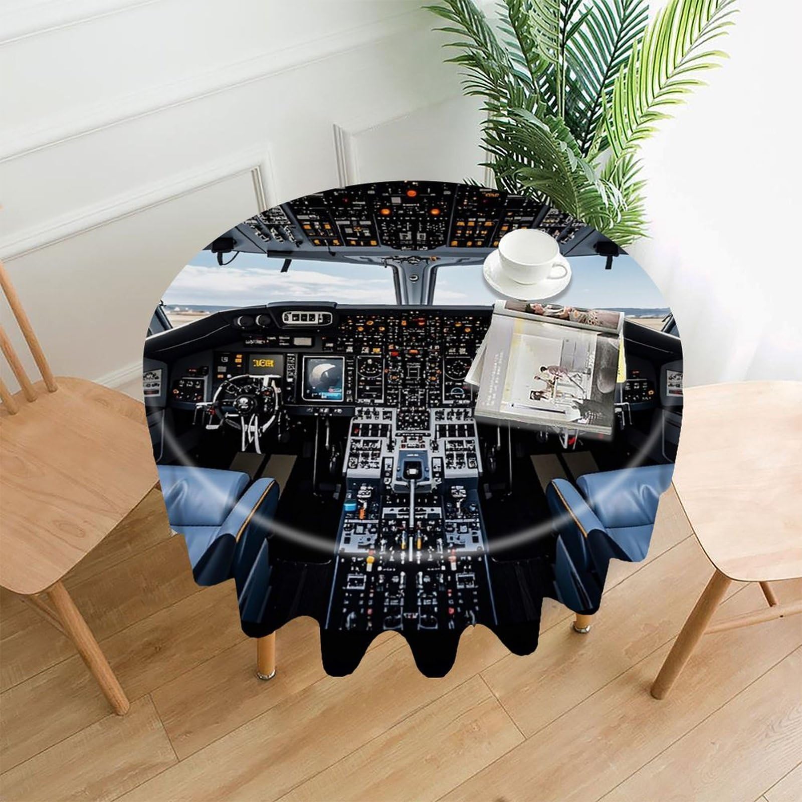 FekiLoot Airplane Cockpit Tablecloth Decorative Round Table Cloth Wrinkle Resistant Washable Circle Table Cover Round Tablecloth for Picnic Party Camping Dining 60 Inch