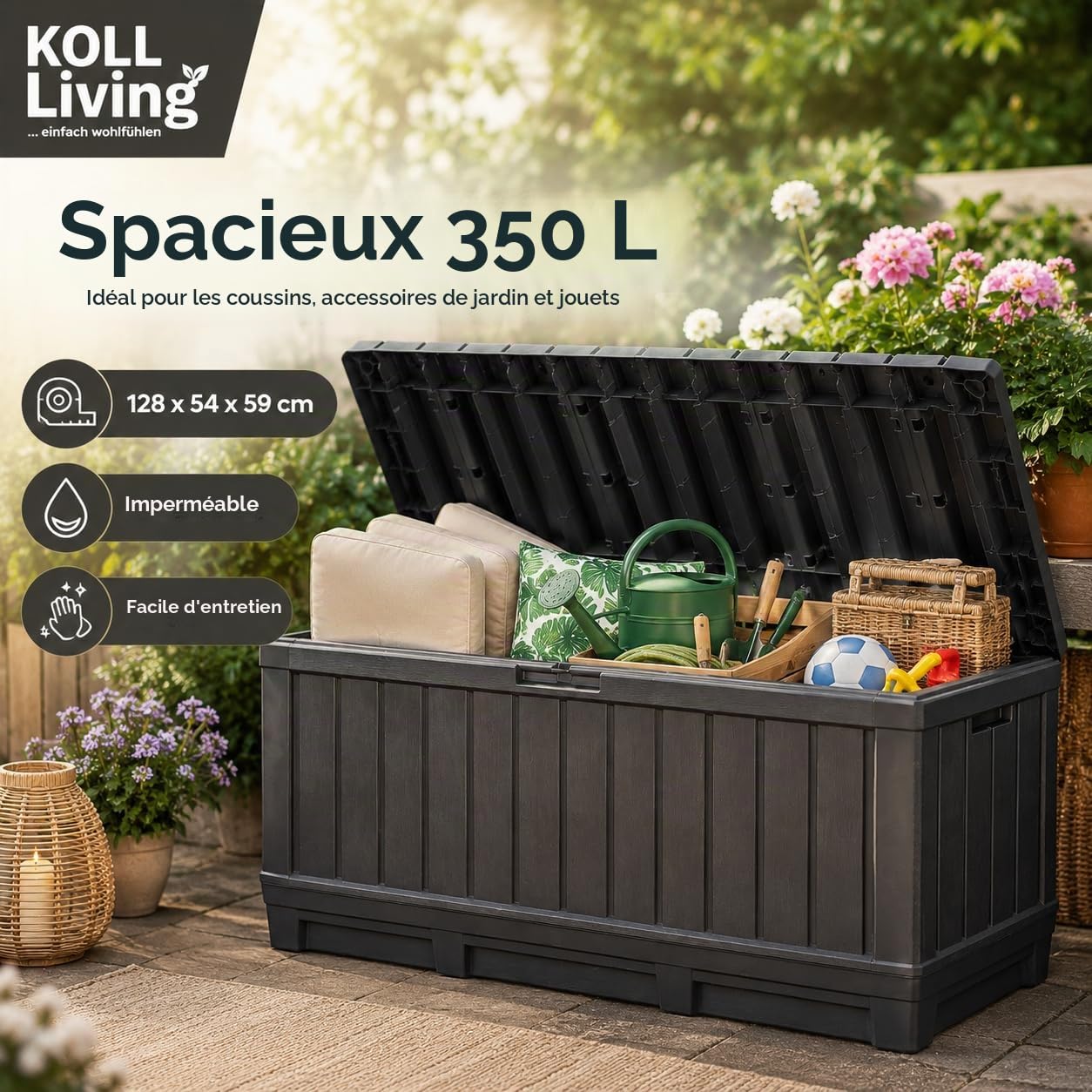 Koll Living Boîte de rangement de 350 l Anthracite – Boîte de rangement compacte avec beaucoup d'espace pour coussins, outils de jardin ou jouets pour enfants – Maintient le contenu au sec