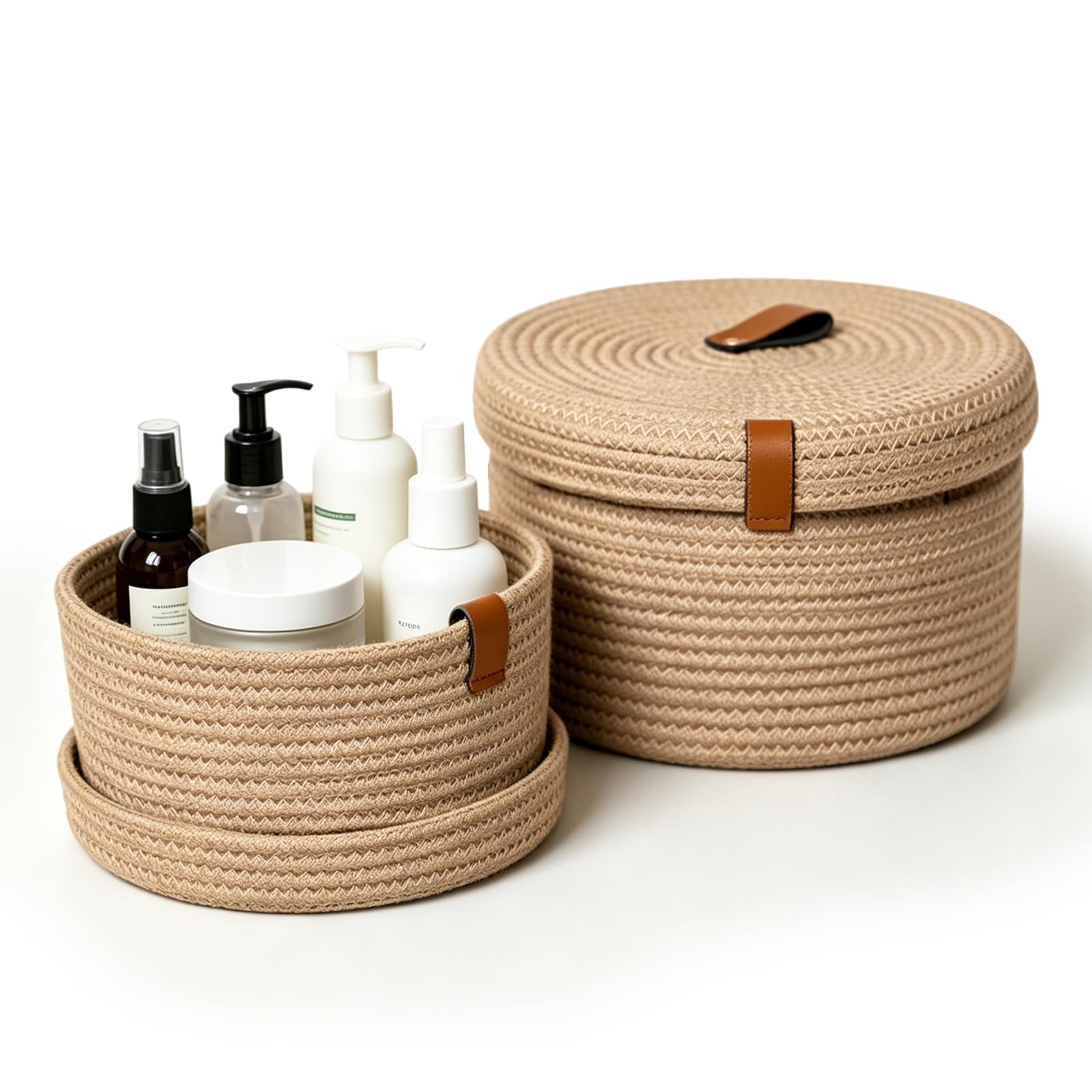 2 Pezzi Cestino Portaoggetti con Coperchio, Cestini in Corda di Cotone con Coperchio, Cesto Intrecciato Lavabile, Cestino Multifunzionale per Soggiorno, Bagno, Ufficio, Decorativo