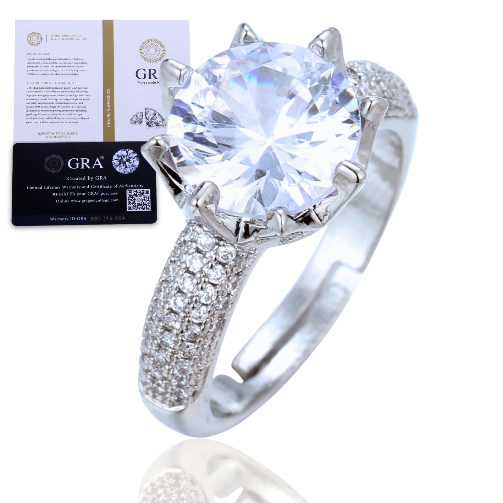 HALUKAKAH Anillo para Mujer con Moissanita D5,0 ct Plata de Ley 925 Baño en Platino con Certificado,Diamantes de Laboratorio Etéreos en Redondo Engaste Garras,para Compromisos,Bodas,Talla Ajustable