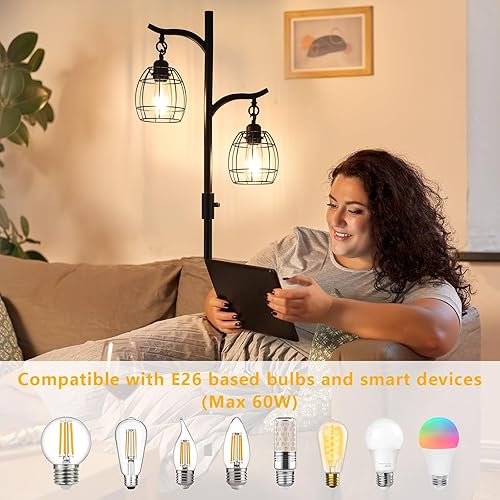 Miniatura 4 de 9MMML Lámpara de pie para sala de estar, lámparas de pie industriales regulables con 2 jaulas colgantes de lágrima, lámpara de pie vintage de 67