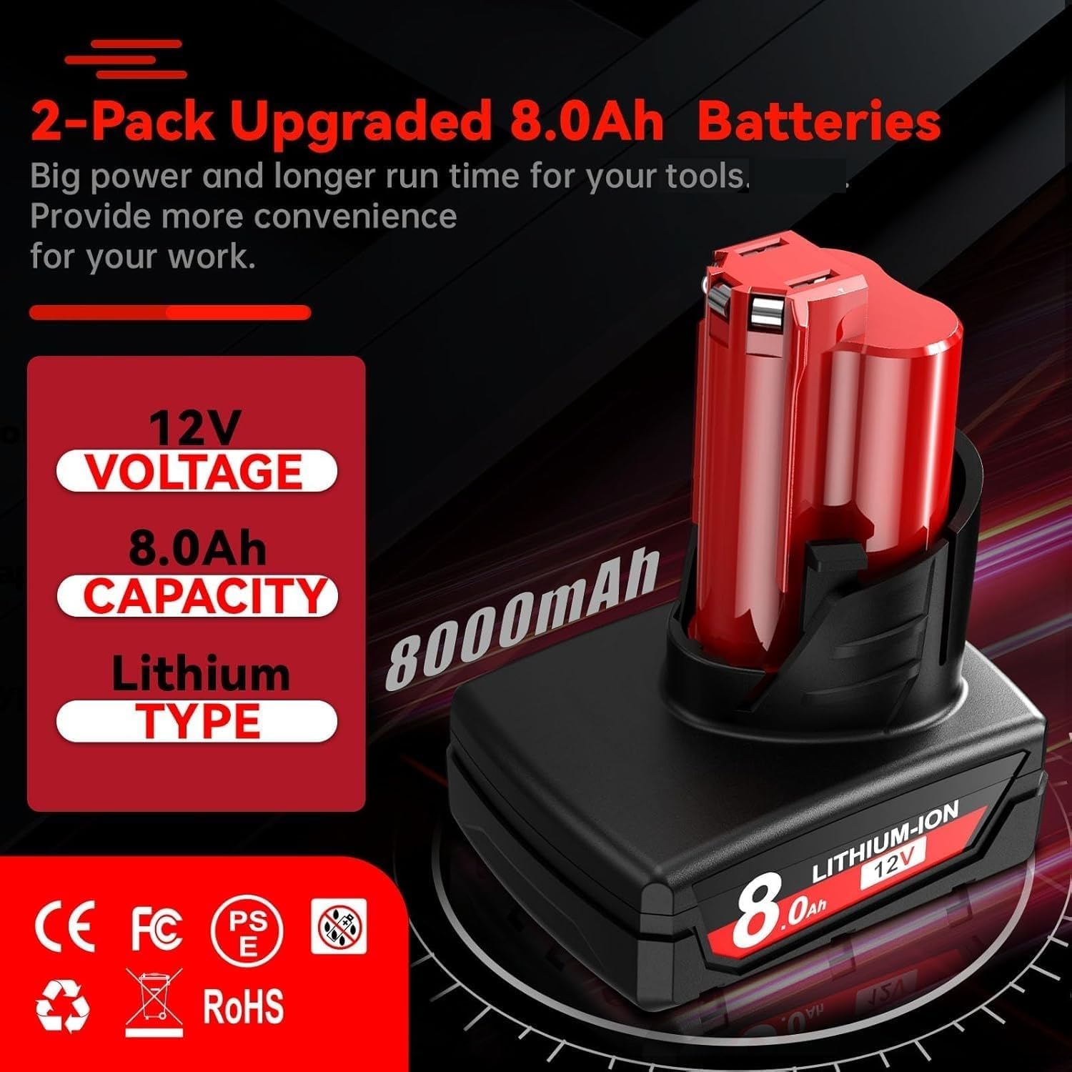 2X12V 8.0Ah Batería de Iones de Litio para Milwaukee M12 XC | 48-11-2411 48-11-2420 48-11-2401 48-11-2402 48-11-2401 Herramientas inalámbricas