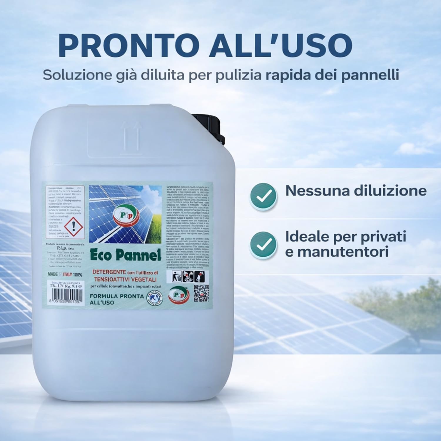 PIP Eco Pannel Detergente per Pannelli Fotovoltaici Pronto all’Uso 25L, Made in Italy – Pulizia Pannelli Solari Vegetale Ecologico Antistatico, Non Richiede Raccolta Acqua – Fino a 250 m² (25L)