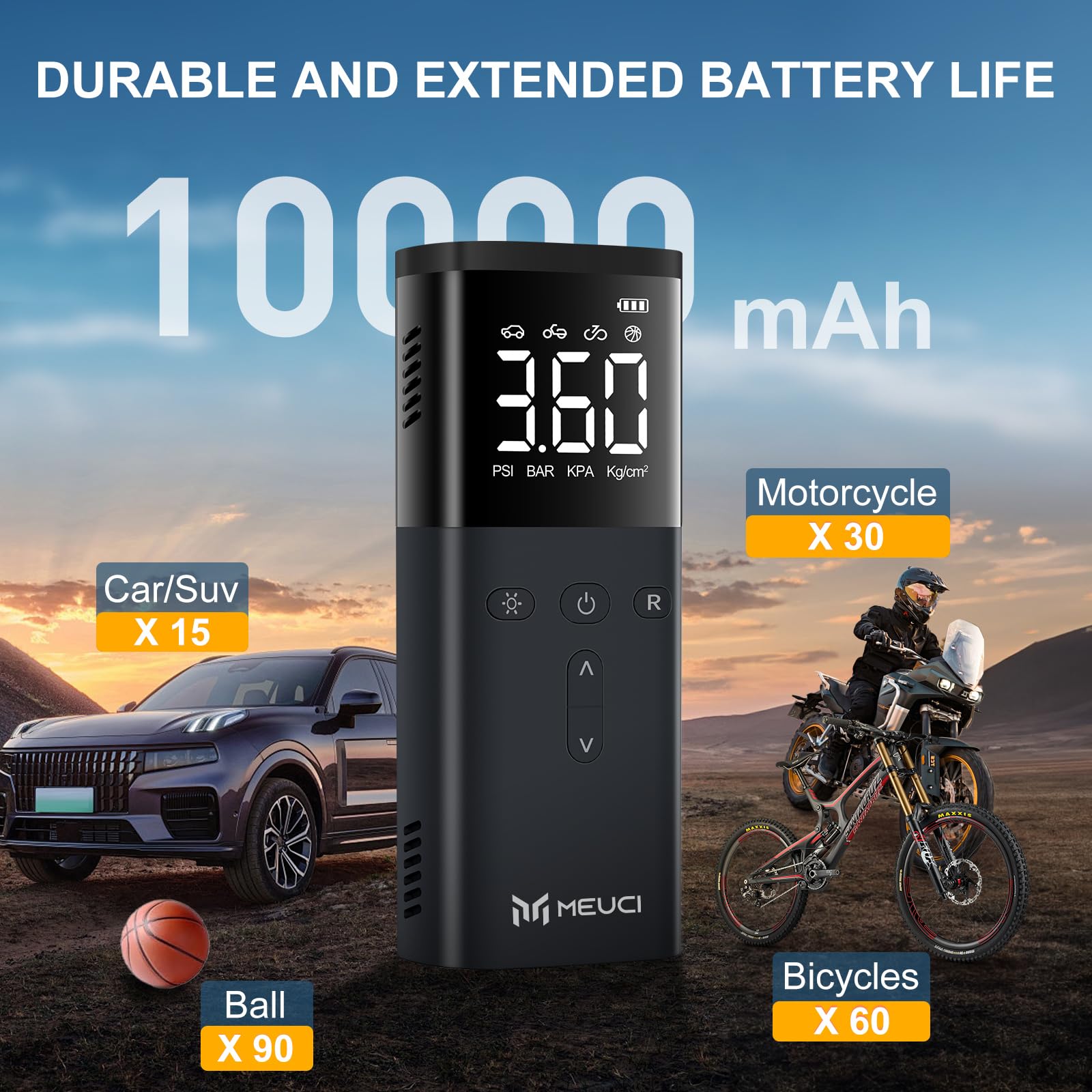 MEUCI Portable Air Compressor – 10000mAh Cordless Tire Inflator With Auto-Stop & LED Light