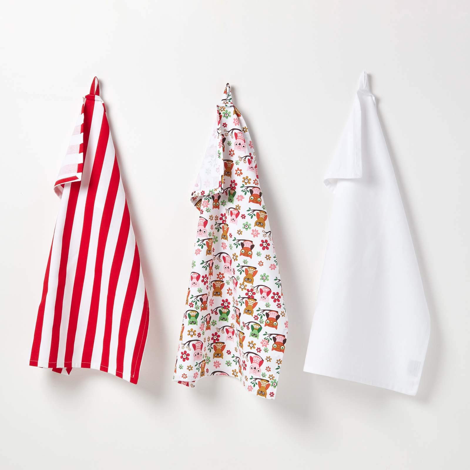 Homescapes Rot Cotton Owls Red Blue Tea Towels Set Of Three