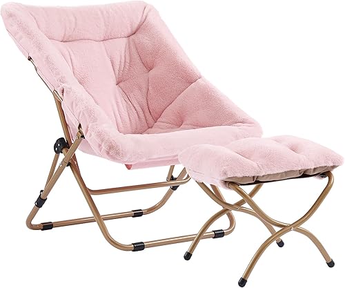 Silla de dormitorio con otomana, silla de platillo suave XL, silla plegable de piel sintética de gran tamaño, silla plegable con marco de metal para
