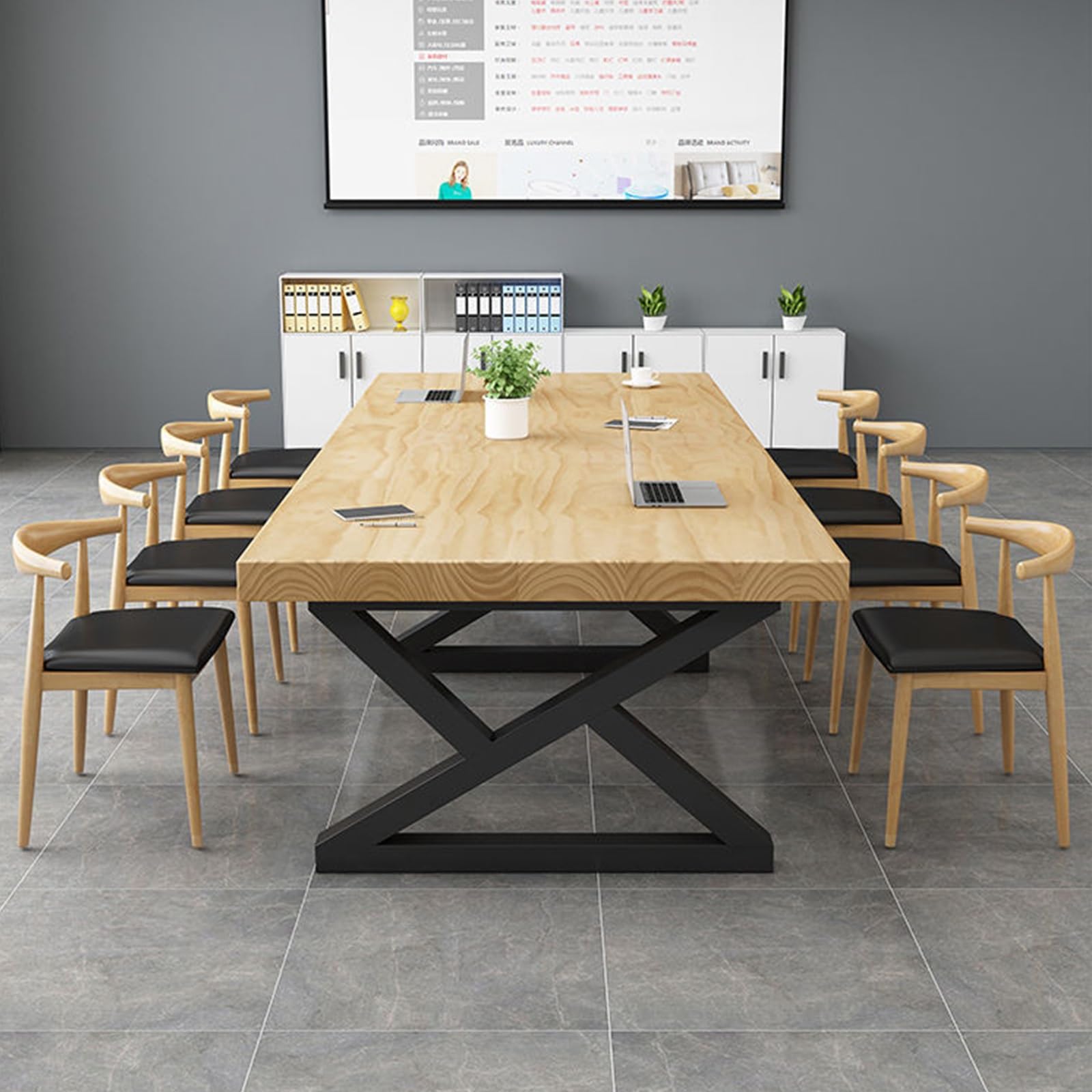 Konferenztisch, großer Konferenztisch aus Massivholz für Moderne Büros und Besprechungsräume, Dickes Gestell aus Kohlenstoffstahl, 160 x 76 x 71 cm, stilvolle Oberfläche, ideal für den gewer