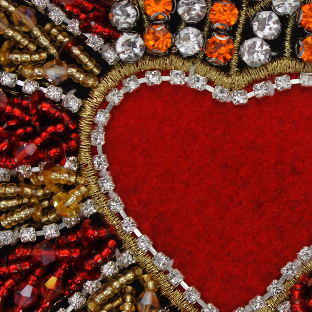 EMDOMO Beaded Milagro Heart Patches Flaming Sacred Heart Applique Mexican Folk Art Applique Decor Clothes Badges Sew On Patches Handmade DIY 2pieces (N