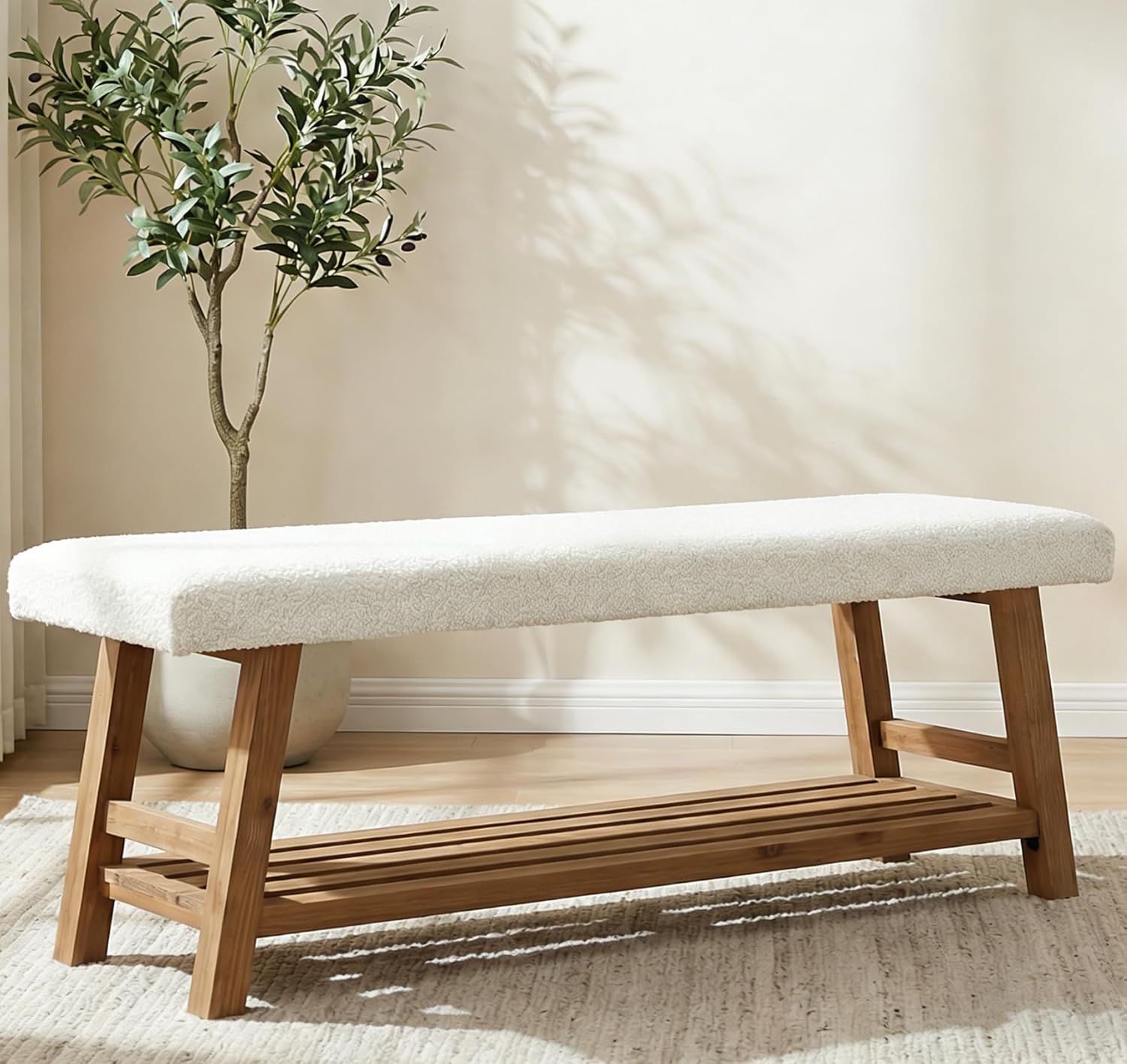 TribewoodbyTribesigns 55-Inch Upholstered 2-Tier Shoe Storage Bench with Plush Cushion, Solid Wood Frame - White & Brown Entryway Bench