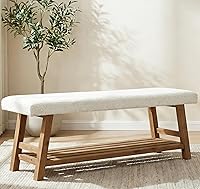 TribewoodbyTribesigns 55-Inch Upholstered 2-Tier Shoe Storage Bench with Plush Cushion, Solid Wood Frame - White & Brown Entryway Bench