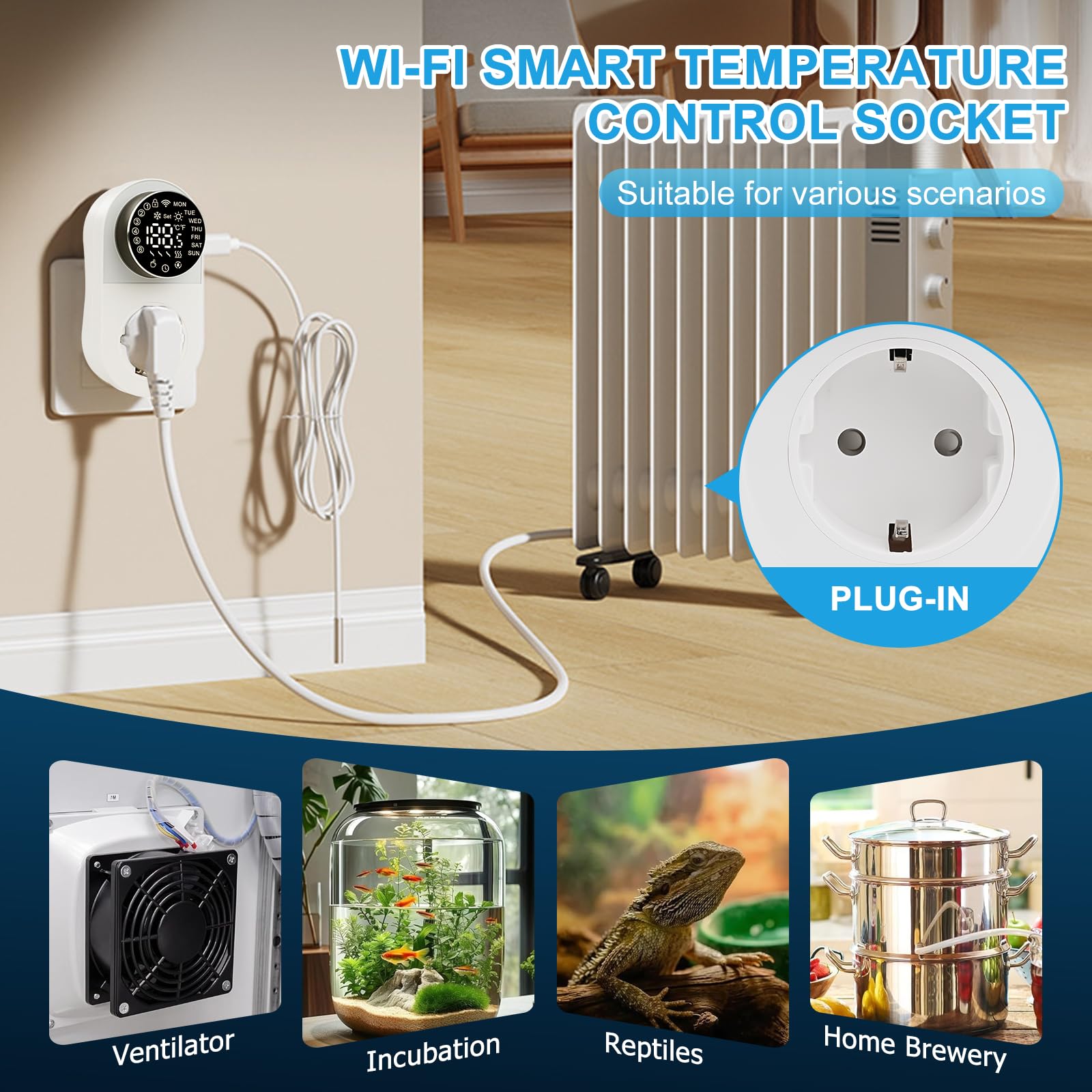 Termostato Enchufe Termostato Digital 220V 16A Inteligente WIFI Mando Giratorio Controlador Temperatura Control por APP Pantalla Digital LED Frío/Calefacción Pantalla Digital LED