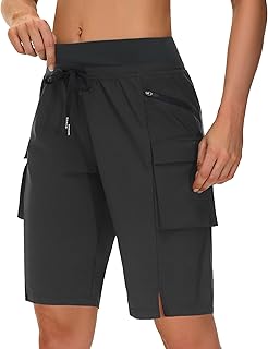 Women's 9" Bermuda Hiking Cargo Travel Shorts with Zipper Pockets Quick Dry Knee Length Long Board Short Summer Beach