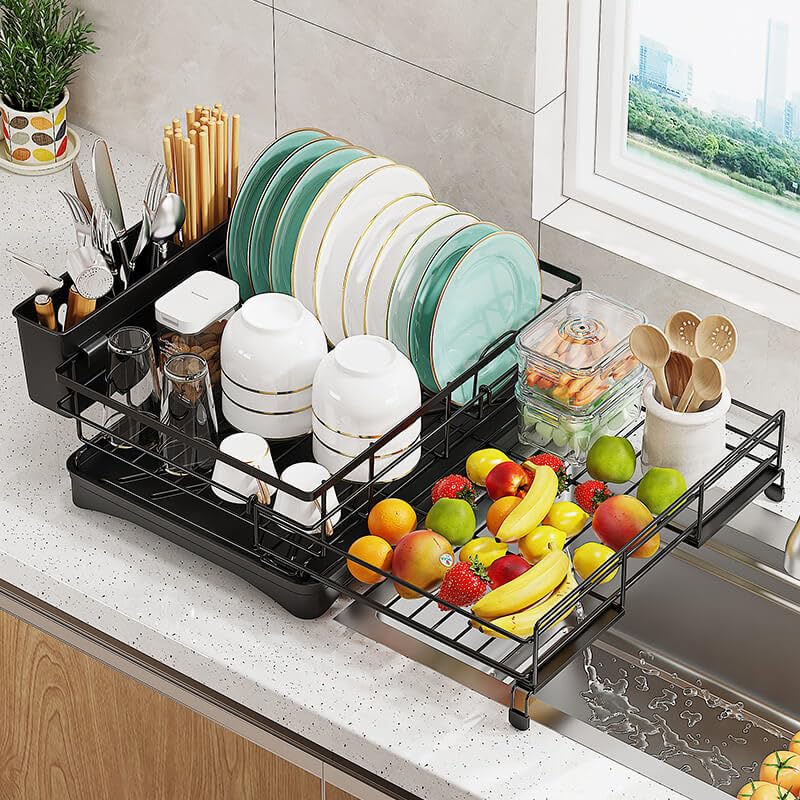 HCHANGEN Escurridor de platos ajustable, ahorro de espacio, para encimera de cocina, escurridor de platos de acero inoxidable sobre el fregadero (negro)