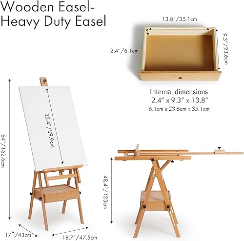 Miniatura 2 de ARTIFY - Caballete de madera grande con marco en H, soporte de lona resistente de madera de haya, uso horizontal y vertical, para acrílico, aceite,