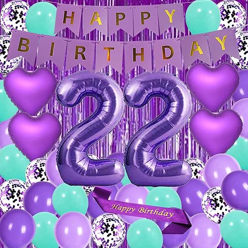 Miniatura 1 de Púrpura 22 cumpleaños fiesta decoraciones suministros púrpura tema feliz cumpleaños faja 40 pulgadas hoja globos número 22 púrpura cortinas corazón