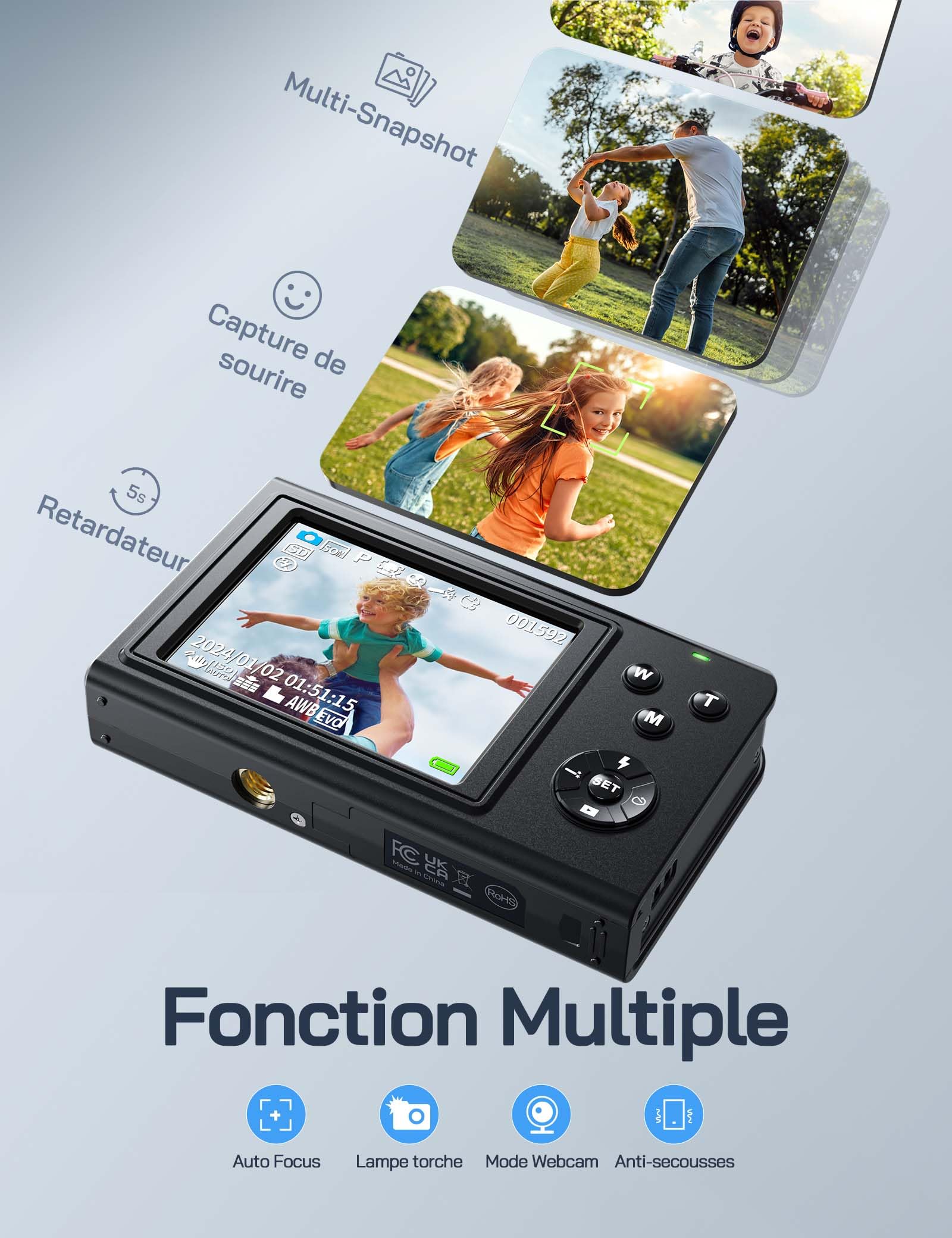 WOLFANG Appareil Photo numérique, caméra 4K pour Enfants, compacte 56 MP, vidéo Zoom numérique 16X, Point de Mise au Point Automatique et Appareil Photo numérique, Cadeau
