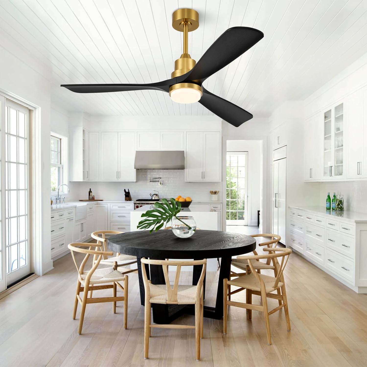 52 inch Smart Ceiling Fan with Lights,Outdoor Ceiling Fan 3 Wood Blades Compatible with Alexa/Gg Voice Control&App&Remote,Quiet DC Motor for Covered Patio Porch Bedroom,Black and Gold