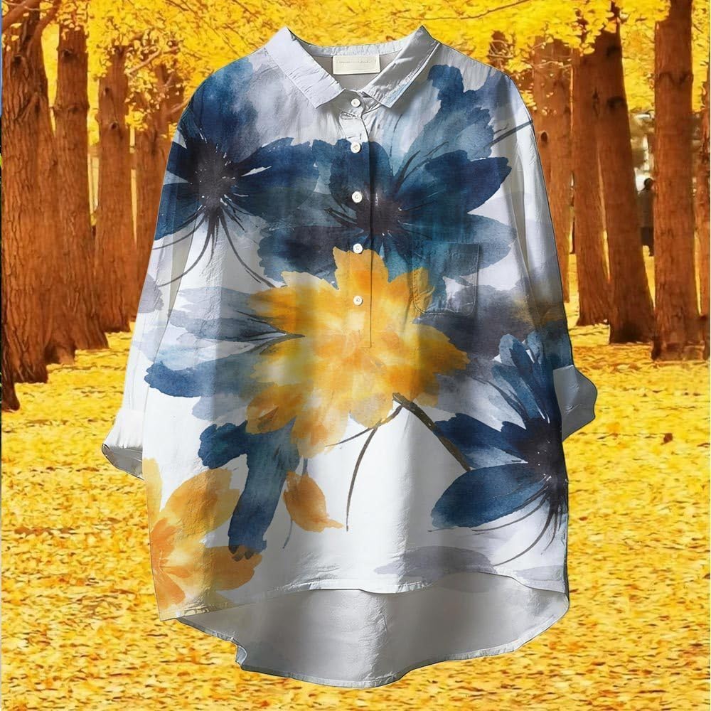 Boho Floral Shirts for Women Lapel Long Sleeve Womens Button Down Blouse Business Clothes with Pocket Spring Tops image 3