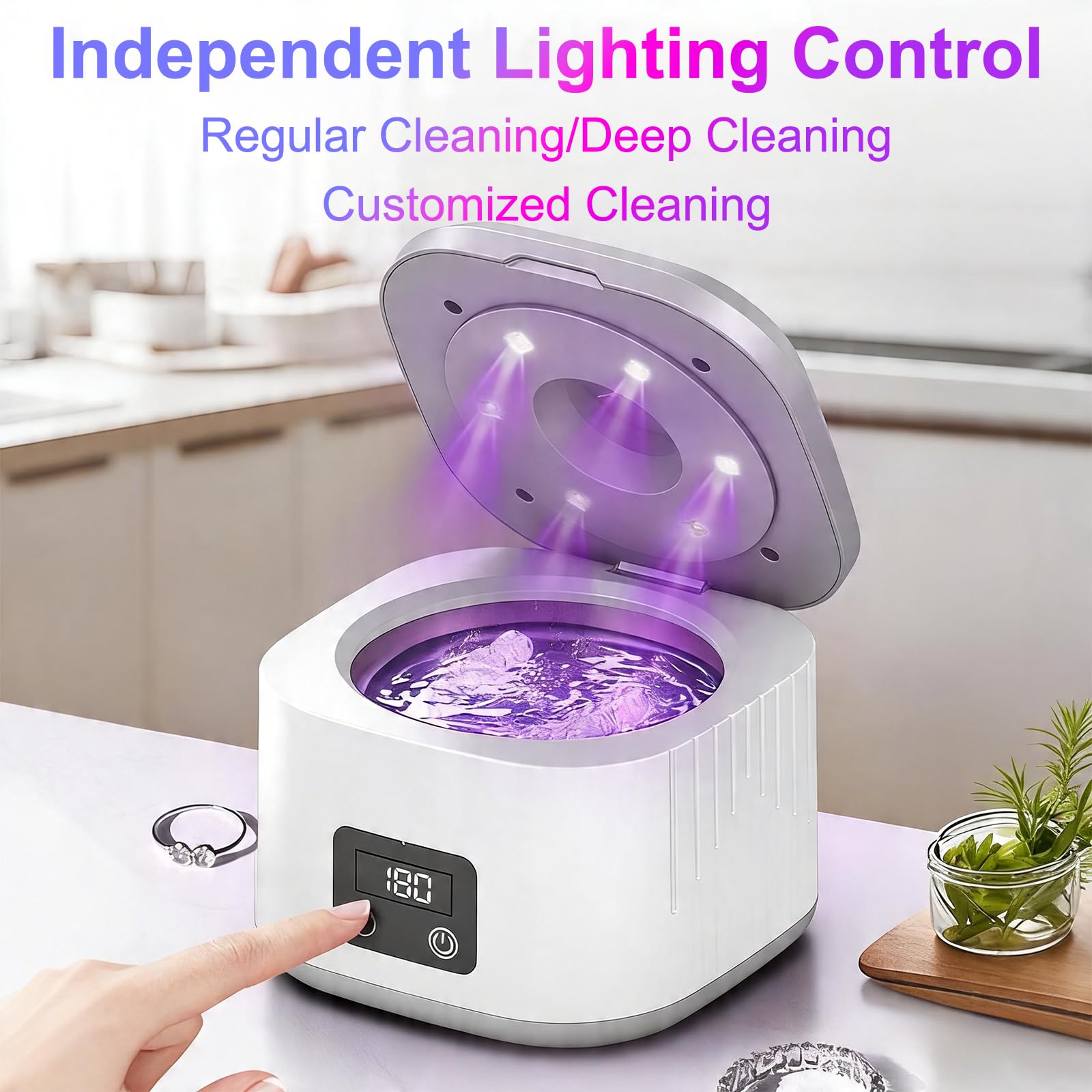Limpiador ultrasónico 49000Hz con UV, 3 modos, pantalla digital, tanque inox 340ML, portátil para joyas, gafas, relojes, dentaduras, pinceles maquillaje