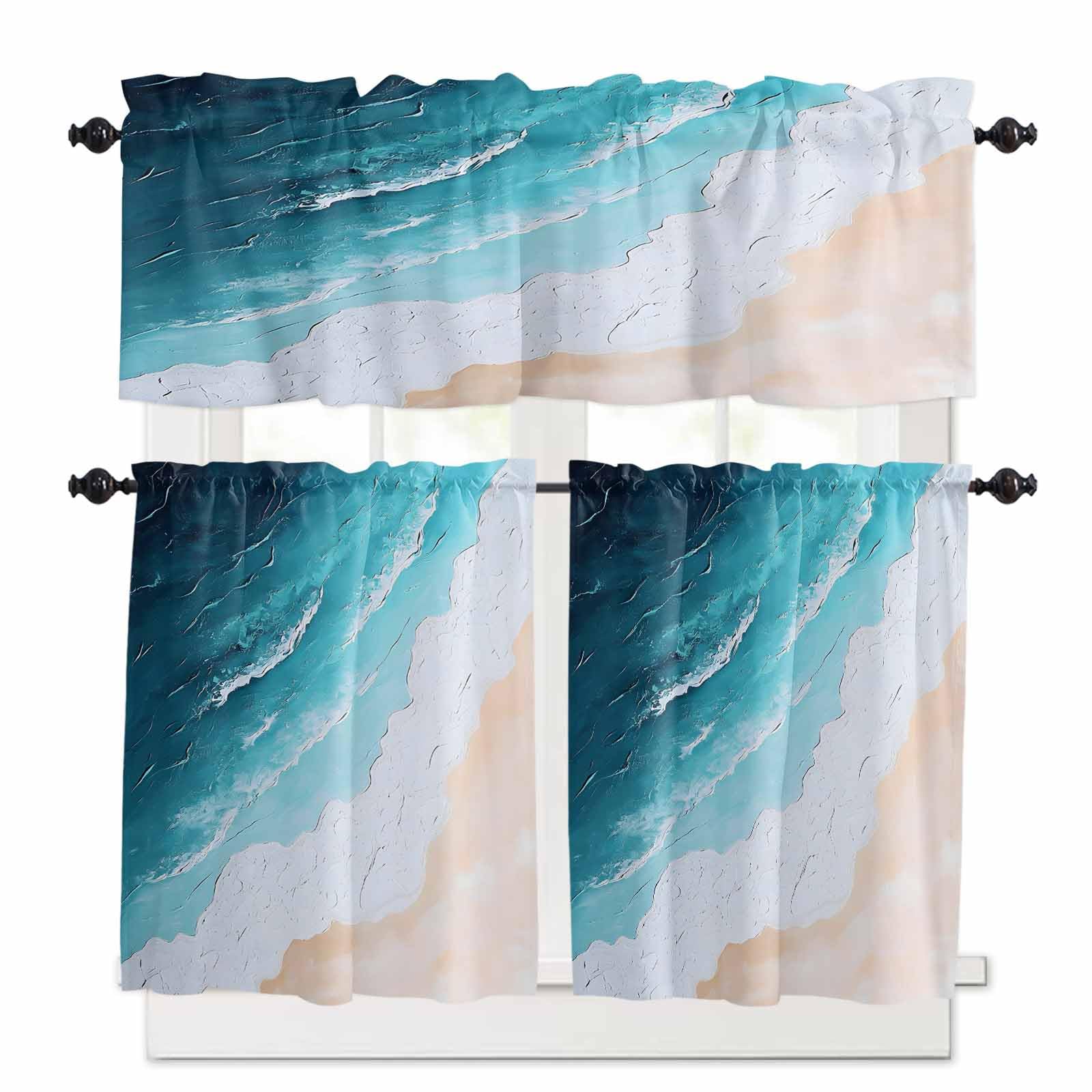 Blue Ocean Kitchen Curtains 36 Inch Length, 3 Piece Rod Pocket Small Half Tiers and Valance Set, Summer Beach Waves Coastal Natural Art Small Large Window Treatment Decor for Bedroom/Bathroom Sink