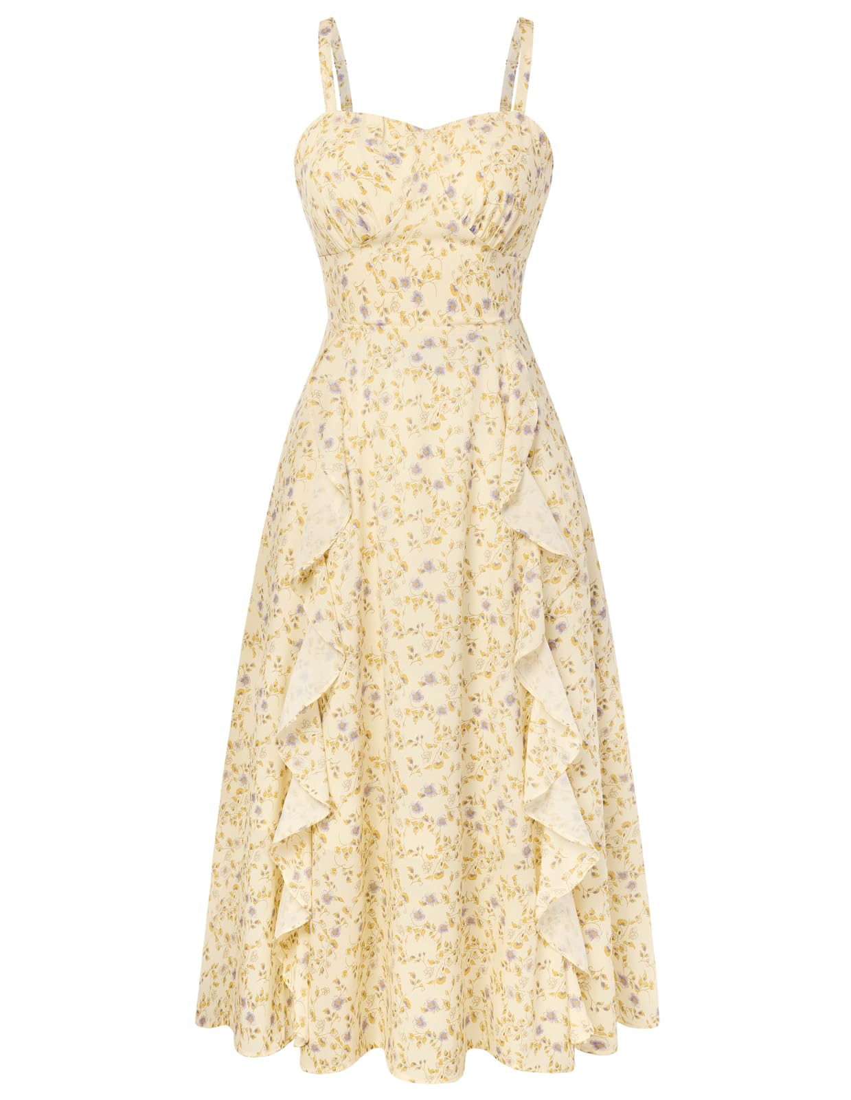 Belle Poque Sun Dresses for Women Spring Summer Floral Midi Flowy Spaghetti Ruffle Wedding Guest Tea Party Dress