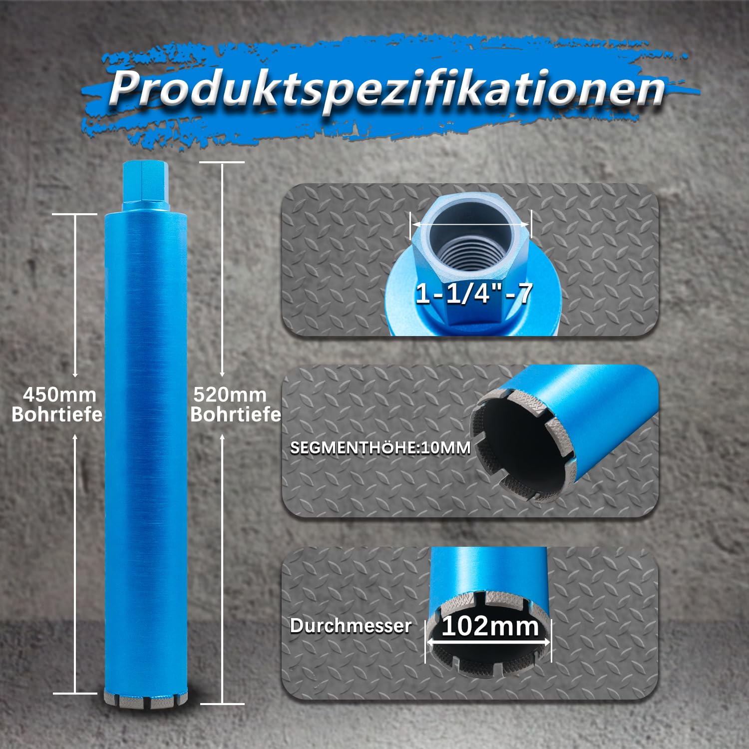 1¼" UNC para corona de perforación de diamante de perforación húmeda soldada con láser DM 102 mm L 450 mm