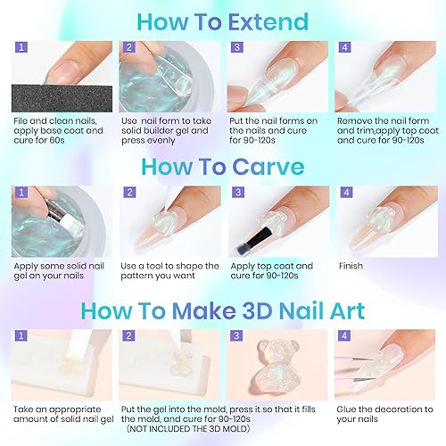 Miniatura 8 de MIZHSE Gel constructor sólido  Kit de 2 unidades de 1 onza de perla de sirena y gel duro transparente para uñas con formas de uñas, molde de