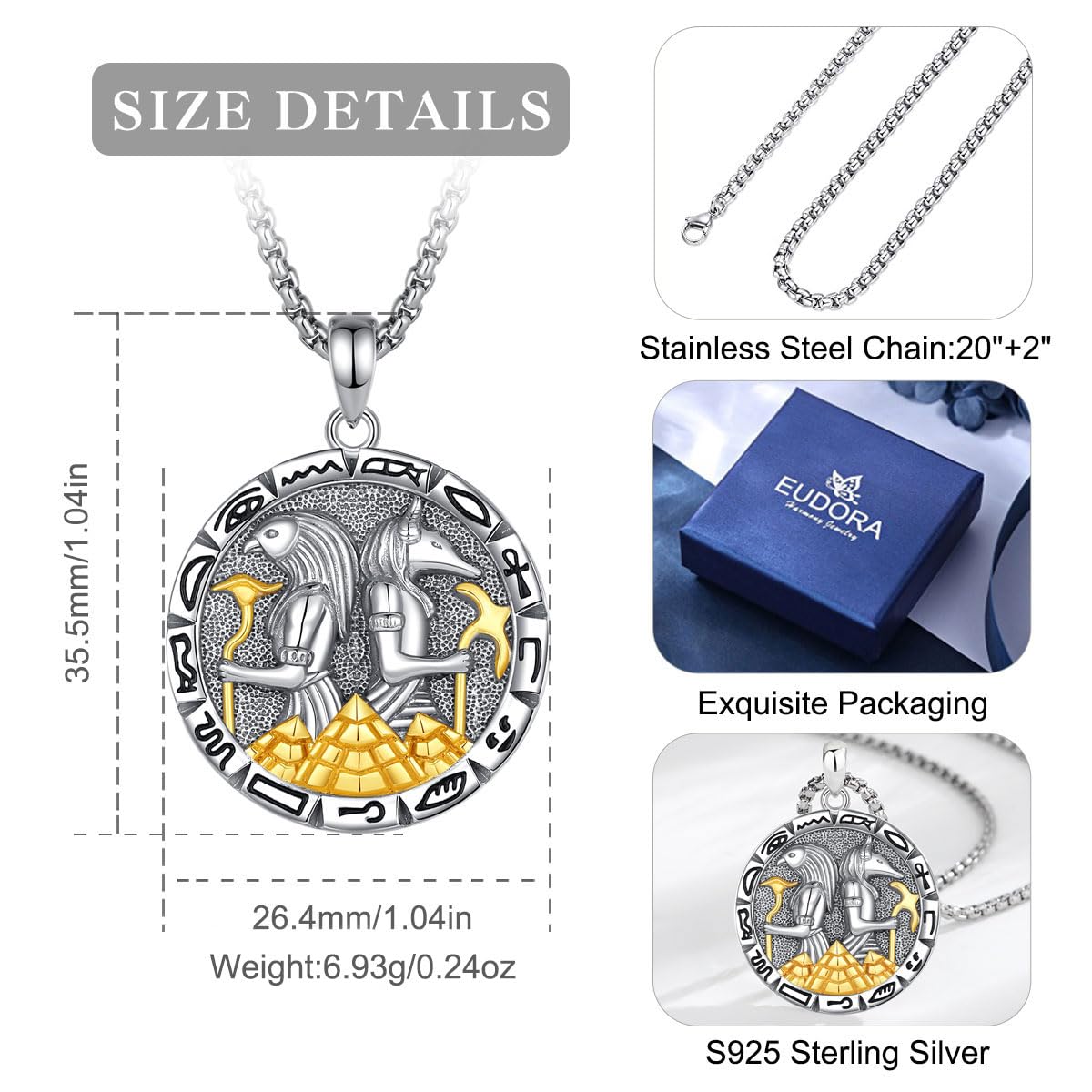 Anubis Collana in Argento Sterling per Donne e Uomini, Antico Egitto Anpu Ankh Croce Piramide Occhio di Horus Ciondolo, Dio dei Morti Protezione Gioielli Regalo per Marito, 24"