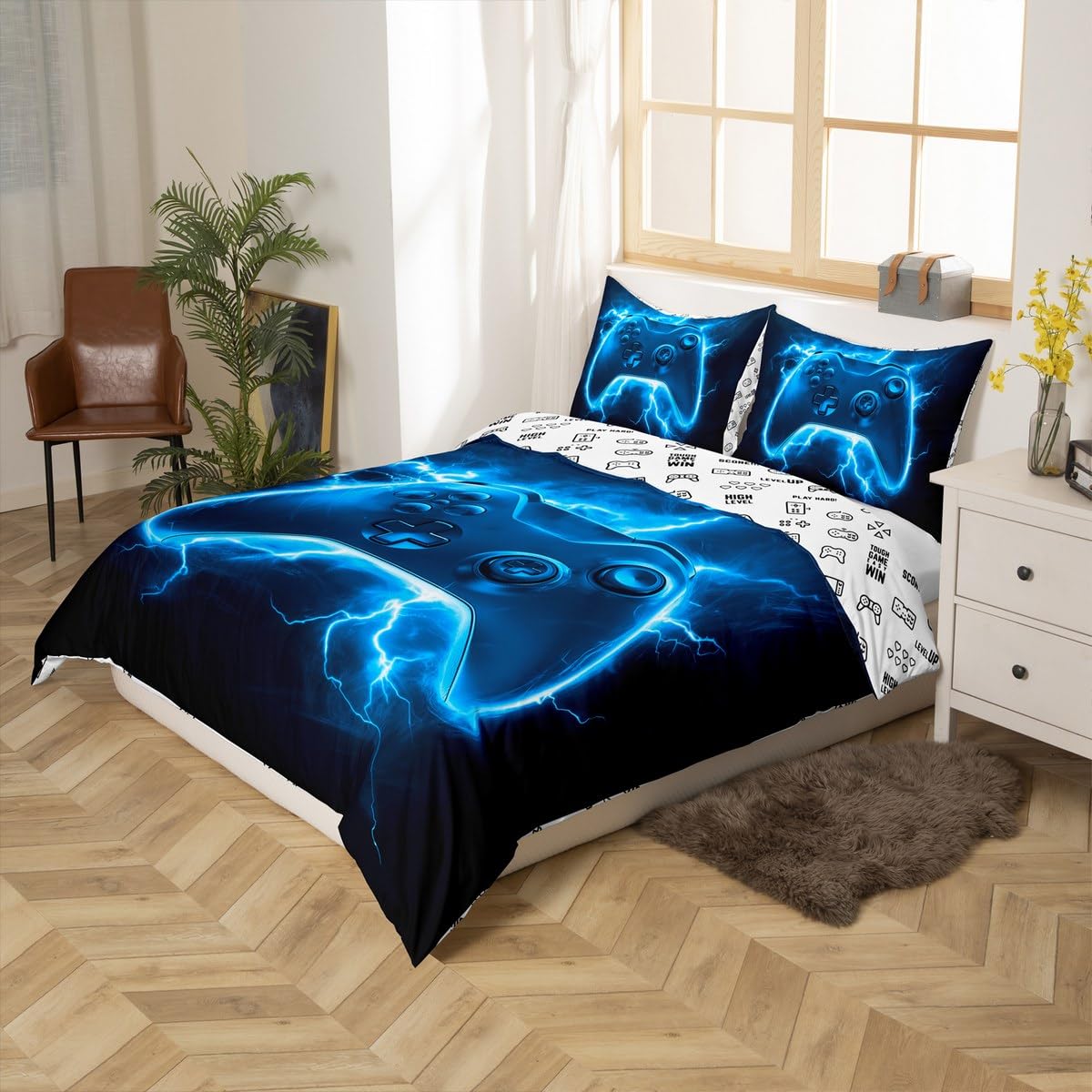Manfei Juego de funda de edredón azul Super King, juego de ropa de cama moderno de 3 piezas, funda de edredón con diseño de mando de videojuegos, decoración de habitación de niños y adolescentes