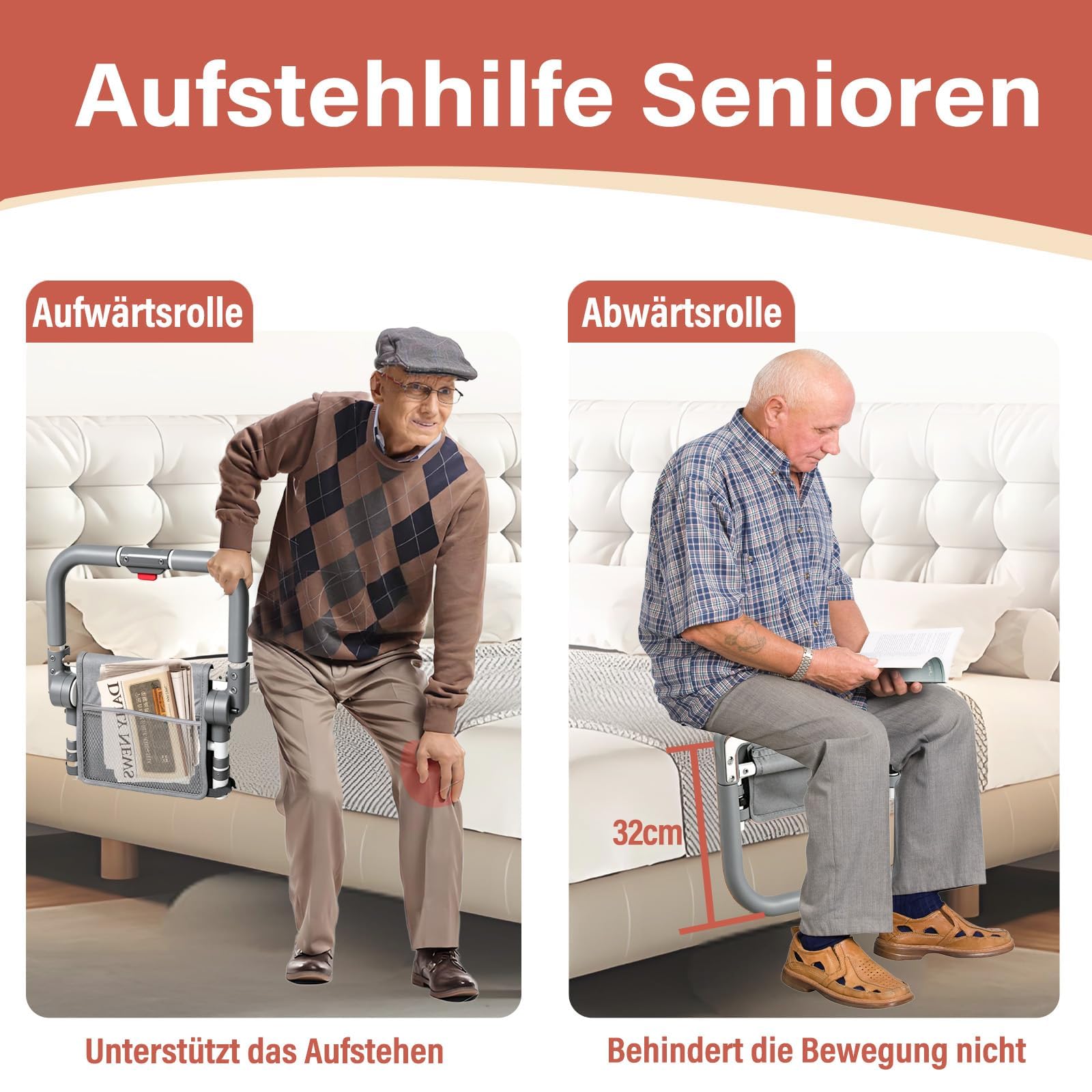 Łóżko dla seniorów, składana kratka na łóżko, regulacja wysokości, z torbą do przechowywania, pomoc dla seniorów, osób niepełnosprawnych i kobiet w ciąży