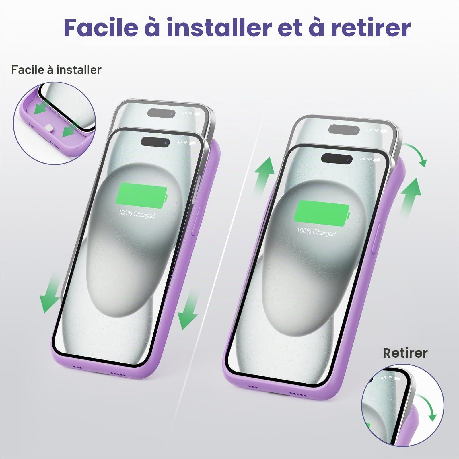 Feob Coque Batterie pour iPhone 15 Pro【Charge Rapide 15W & Puissant 7500mAh】 Coque Rechargeable Batterie Externe Chargeur Portable Coques d'alimentation pour iPhone 15 Pro (6,1 Pouces) - Violet