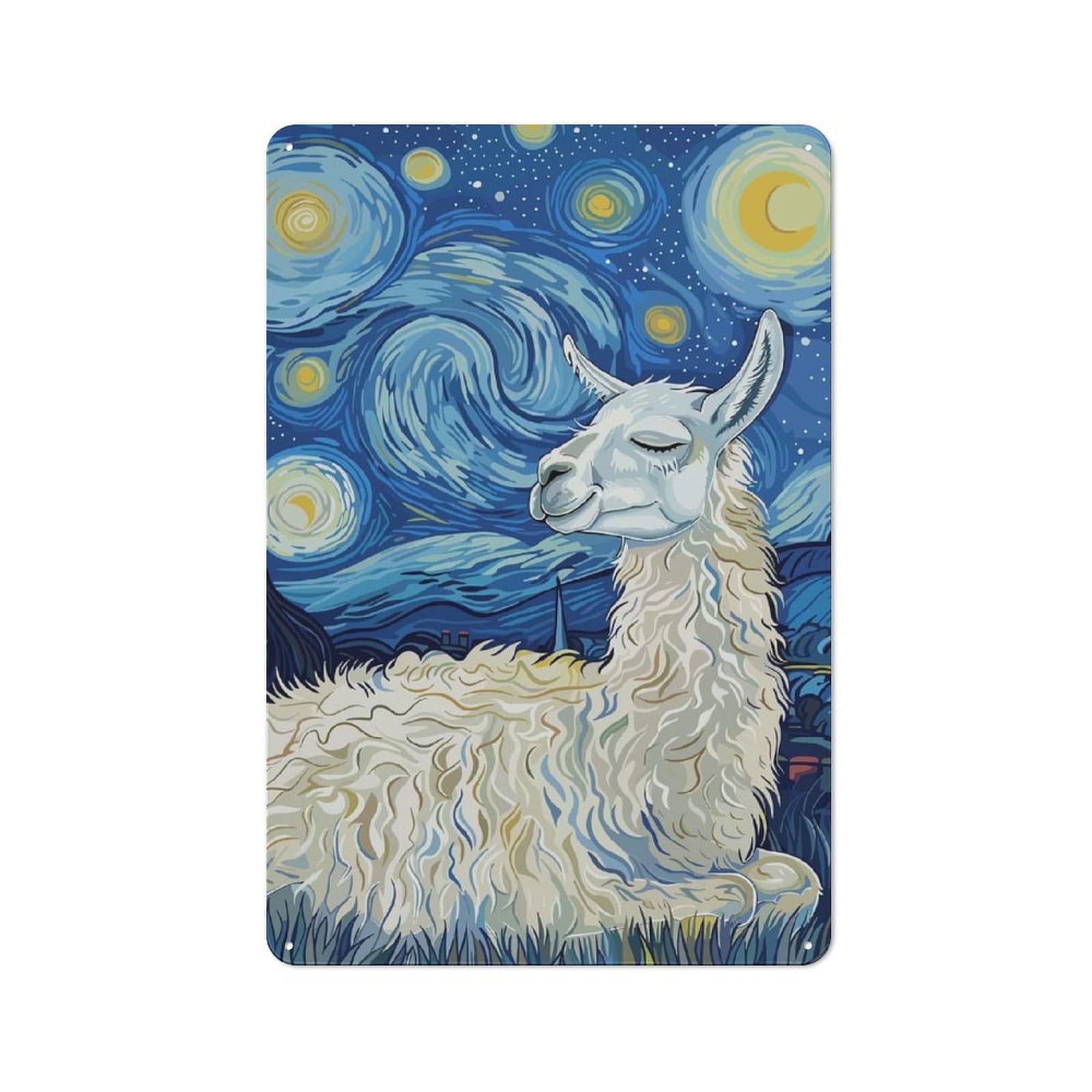 Junmoney Llama In Starry Night Tin Wall Plaque 30X20cm With For Hobby Room Or Studio, For Metal Sign Collectors, For Kitchen And Home Bar Decor