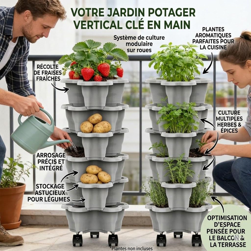 Générique Tour A Fraisier, Bac A Fraise en Hauteur, 6 Niveaux pour Fraises Et Herbes Aromatiques, avec Soucoupe À roulettes Amovibles, Tour De Plantation Gain De Place pour Balcon (6B)