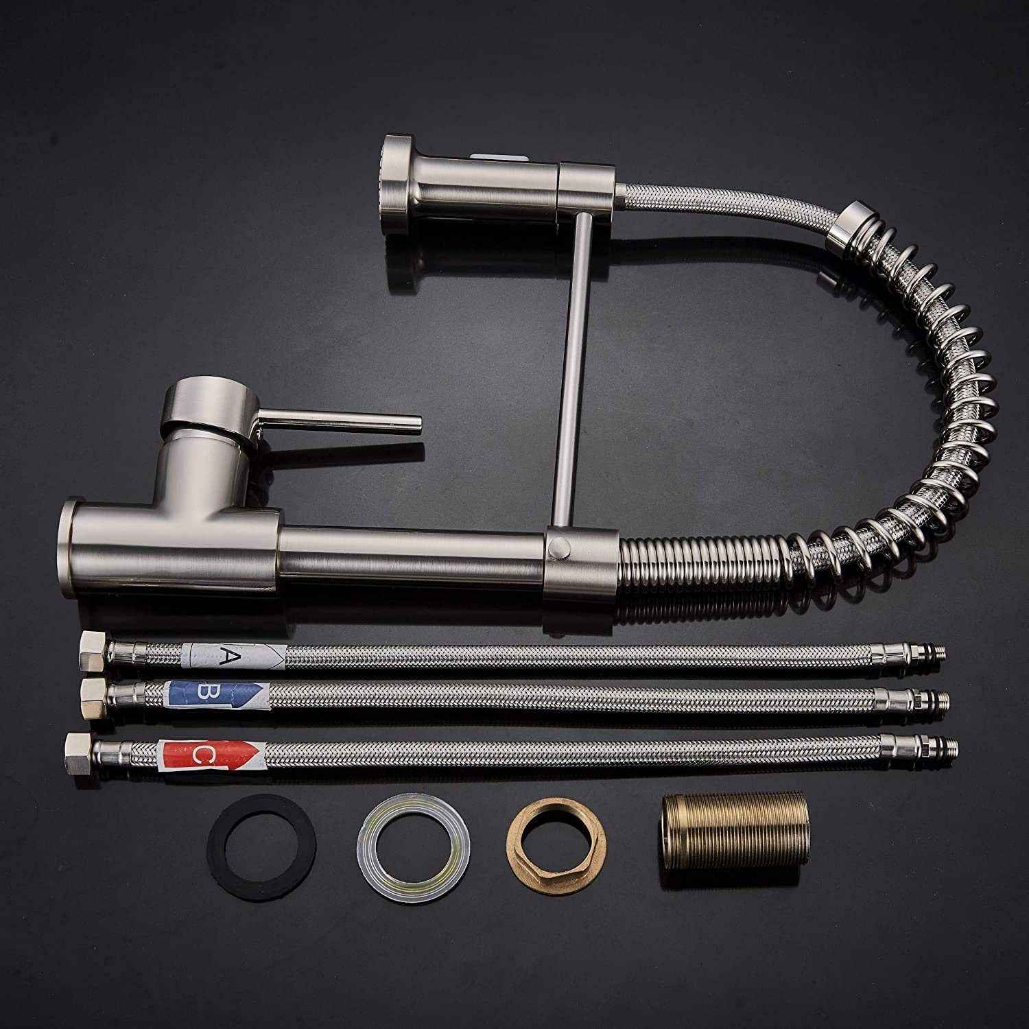 Suguword Grifo de cocina de baja presión, extensible, grifo mezclador de cocina, giratorio 360°, acero inoxidable, grifo monomando con muelle en espiral, cepillado