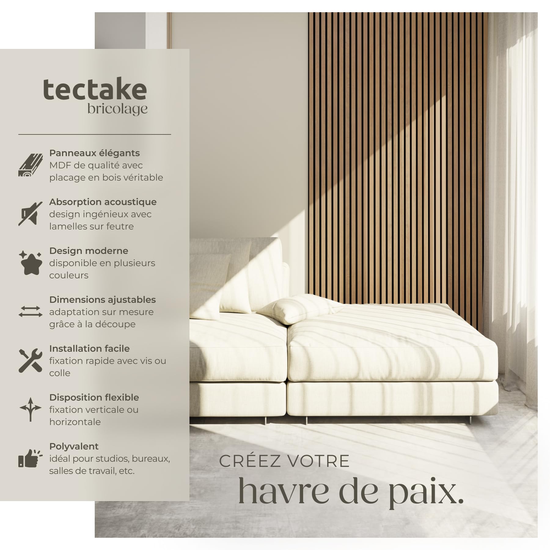 tectake® Lot de 2 panneaux acoustiques muraux et pour plafond, en Bois MDF, 120 x 60 x 2,1 cm par panneau mural decoratif pour isolation phonique Chambre, Bureau, Studio de musique Decoration murale