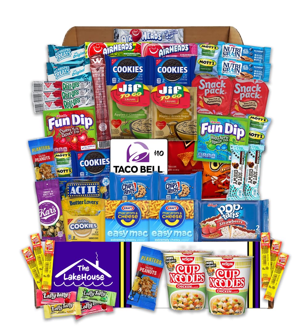 LakeHouse Student 52 College Care Package with Taco Bell Gift Card - College Essentials Snack Box - College Snack Boxes Care Packages for College Students Gift Basket - College Dorm Room Essentials