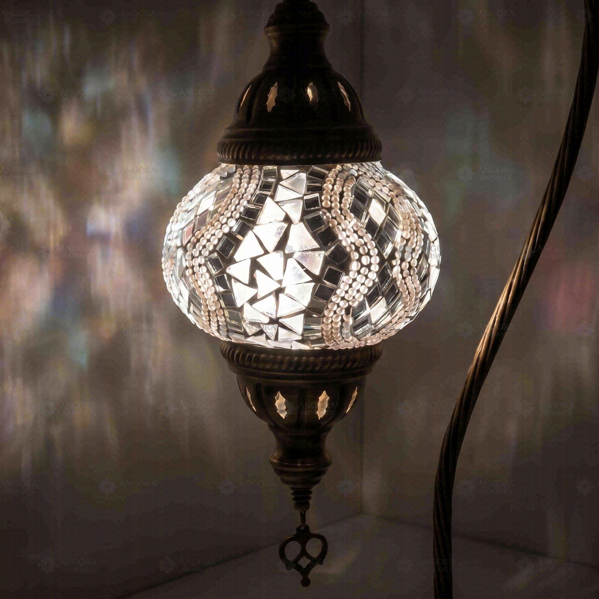 ENVA Biała lampa stołowa z mozaiką - turecka lampa mozaikowa - ręcznie wykonana lampa z przezroczystego szkła łabędzia szyja - marokańska lampka nocna na biurko