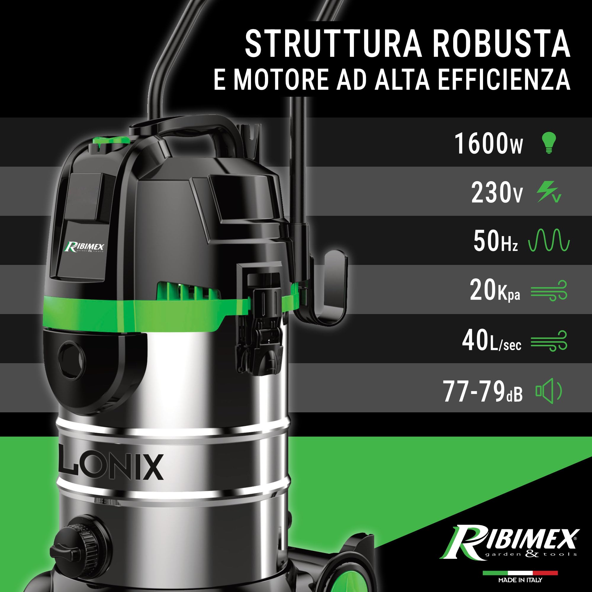 Ribimex Aspiratore Ciclonico 4 in 1 Cyclonix, Aspiratore Solidi, Liquidi e Cenere, Bidone da 30 L, 1600 W, Funzione Soffiante e Scarico Liquidi, Presa Elettroutensili, Accessori Inclusi - PRCEN023