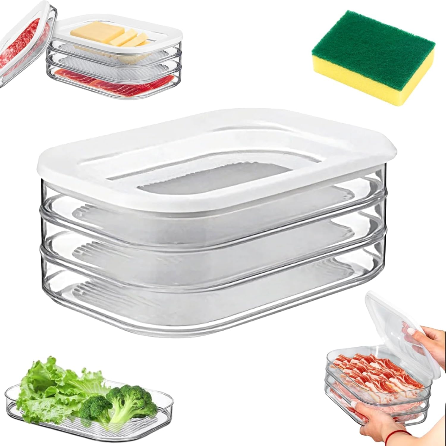 Multi-layer Food Storage Box with Lid, Deli Meat Ham and Cheese Container for Fridge, Stackable Container Set for Meal Prep, Airtight Deli Container with Lids, for Fridge Organization (3 Layers)