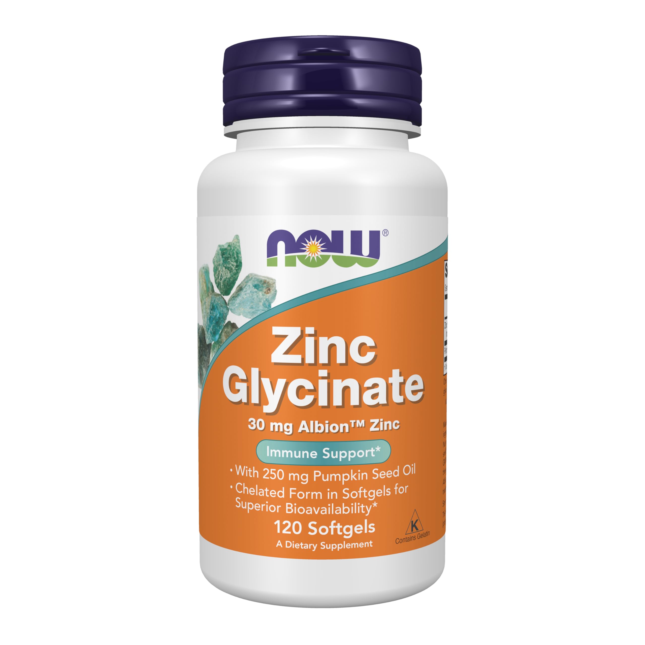 Now Foods Zinc Glycinate 120 Softgels | 30 mg Albion TRAACS Zinc, With 250 mg Pumpkin Seed Oil | Immune Support