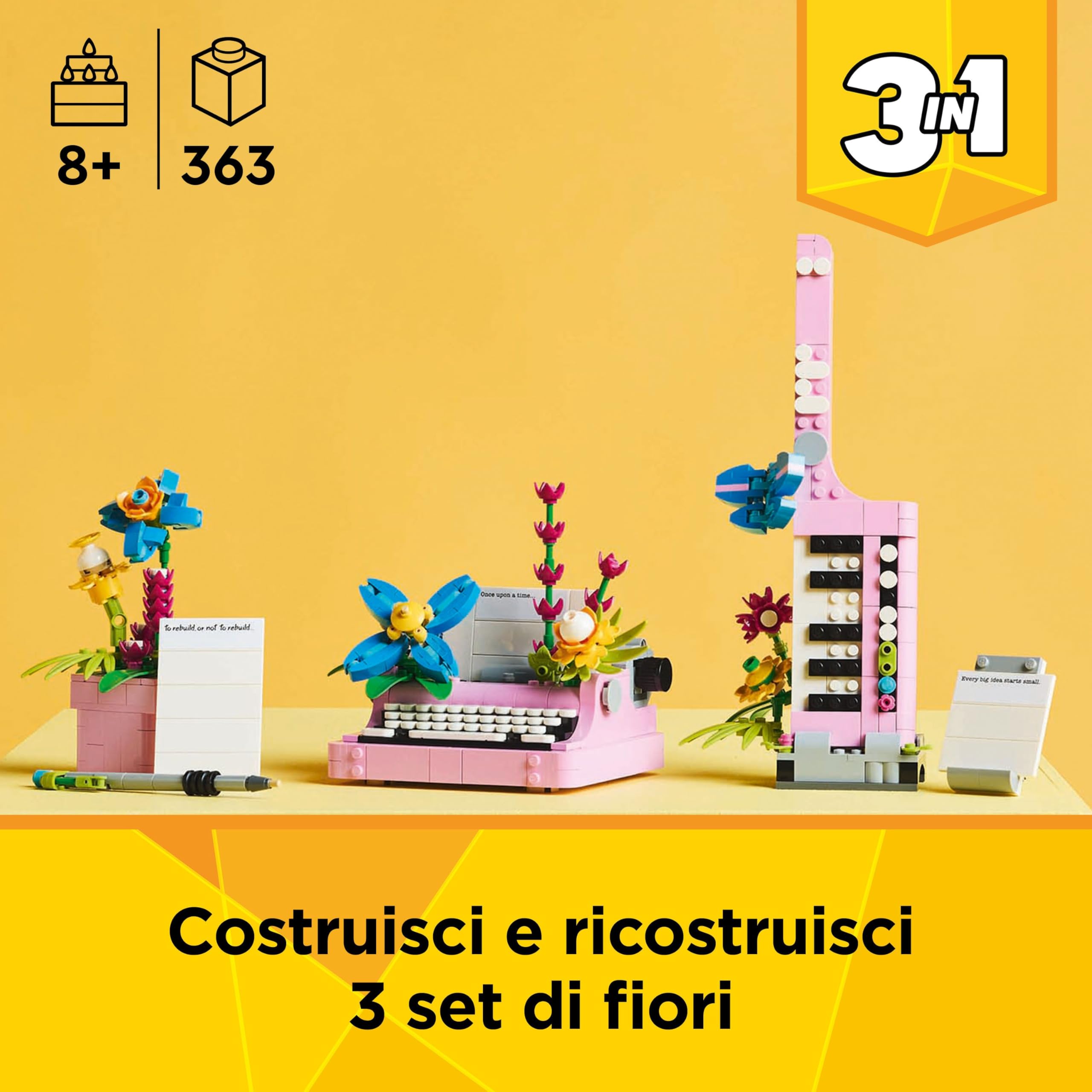 LEGO Creator 3 in 1 Macchina da Scrivere con Fiori Giocattolo - Si Trasforma in Keytar o in Vaso di Fiori con Penna e Taccuino - Regalo di Compleanno Creativo per Bambine e Bambini da 8 Anni - 31169