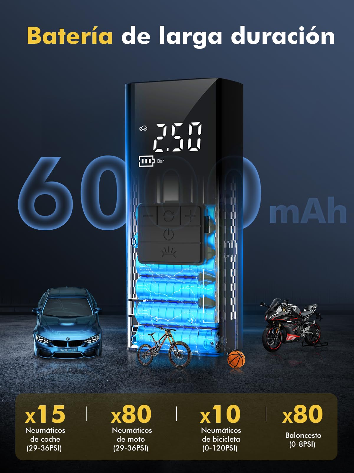 DIHOOM Compresor de Aire Portátil 45L/Min con Batería 6000mAh | Inflador Electrico de Neumáticos de Coche de 45L/min con Soporte de Power Bank, Iluminación LED Batería de 6000mAh,4 Modos