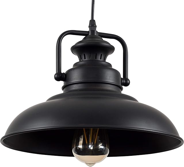 MiniSun Industrial Style Matt Black Metal Ceiling Pendant Light Fitting - Complete with a 4w LED Amber Filament Bulb [2700K Warm White]