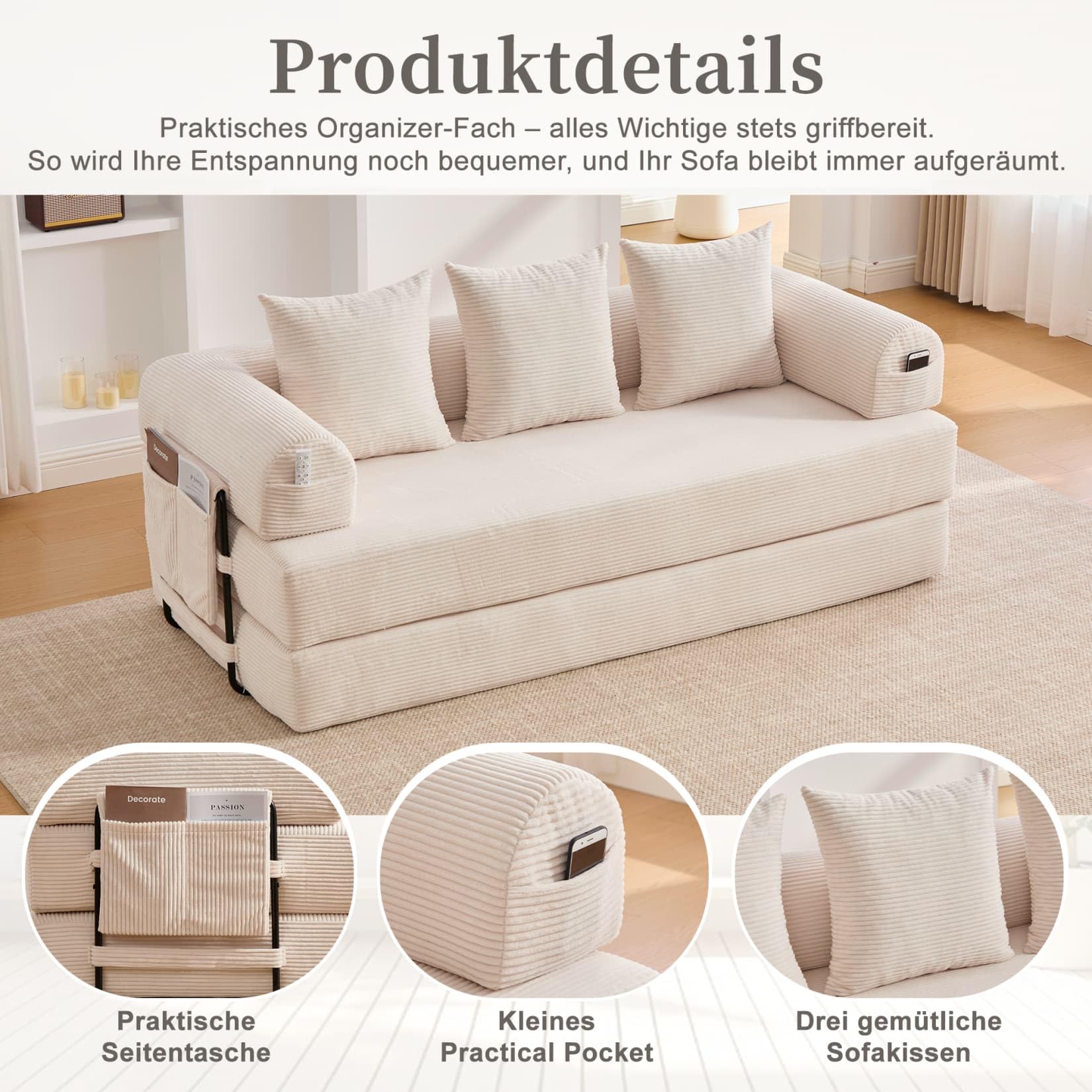 Canapé 2 Places en Velours côtelé,Canapé Lit Convertible Multifonctionnel Moderne,Poches Latérales et 3 Coussins,DIY Libre,pour Salon,Chambre,Bureau (Beige-L)