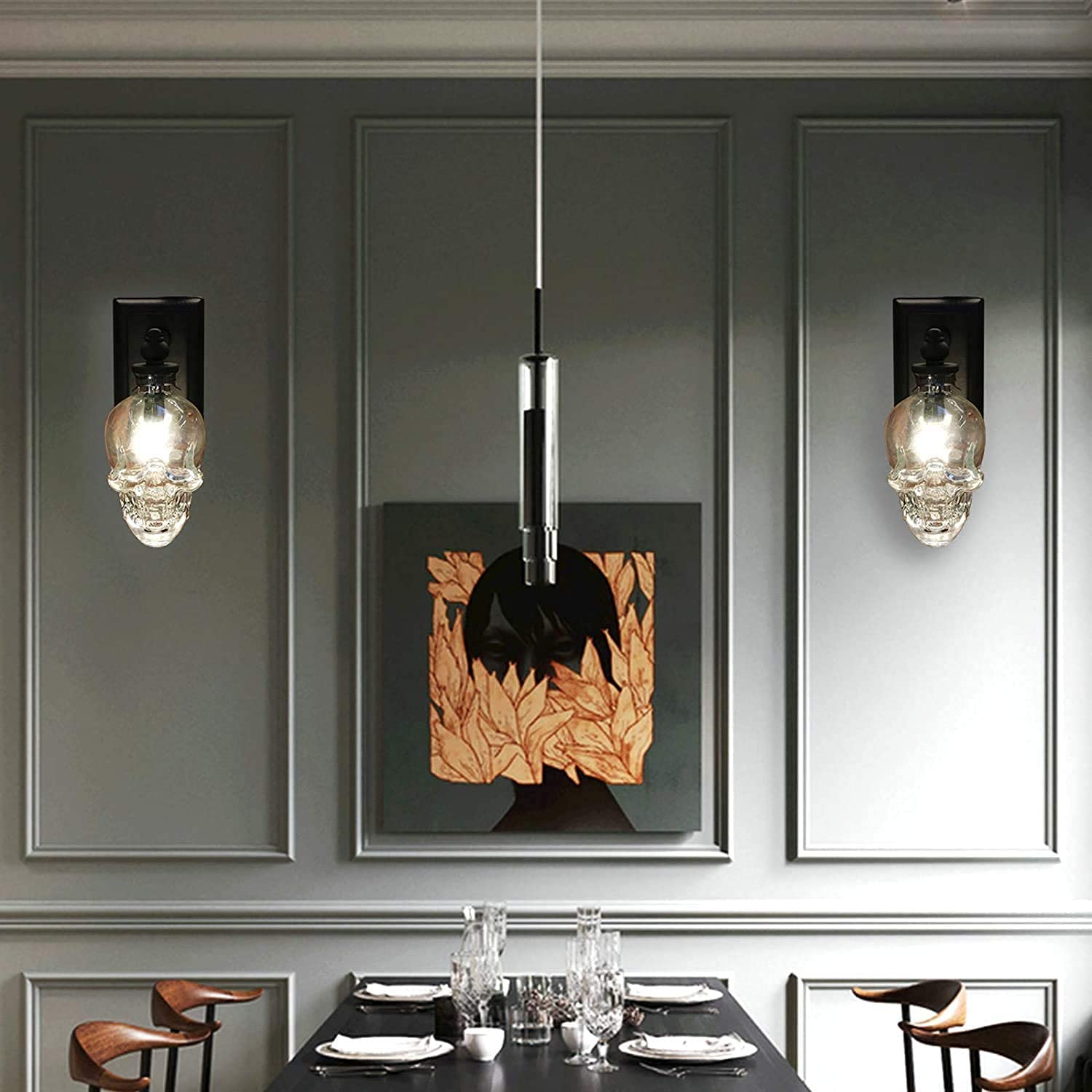 Applique Murale Vintage Tête De Mort - Lot De 2 - Abat-jour Verre - Culot E14 - Pour Chambre, Bar, Décoration Halloween